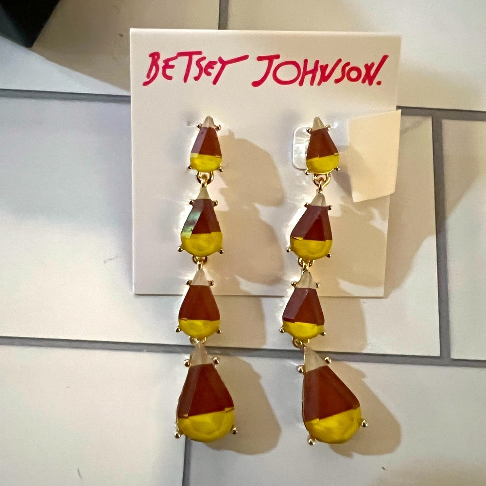 NWT Betsey Johnson Candy Corn Crystal Long Dangle Drop Earrings NEW Fall Fun